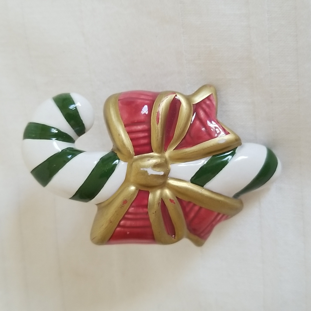 Vintage Fitz and Floyd Candy Cane Bow Christmas Brooch